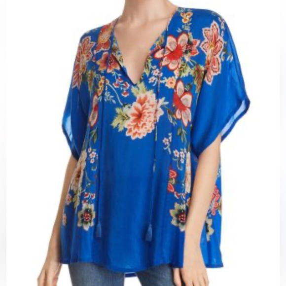 Johnny Was Tops - Johnny Was Zadie Tassel Tie Floral Blouse Blue Multi Size XXL Bohemian Coastal
